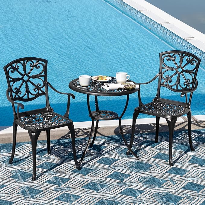 NUU GARDEN 3 Piece Outdoor Bistro Set Cast Aluminum Bistro Table Set Patio Table and Chairs with Umbrella Hole for Backyard, Balcony, Front Porch, Black