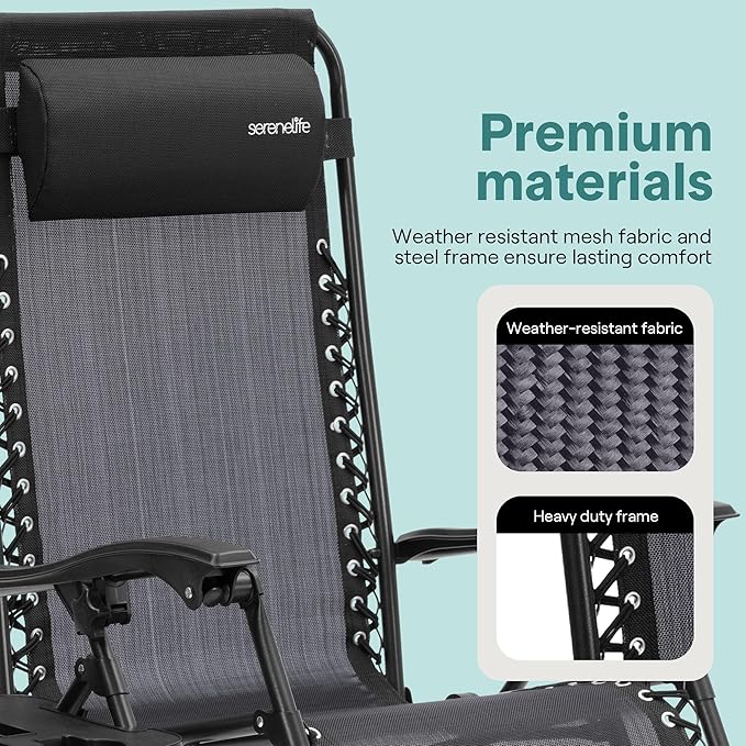 SereneLife Zero Gravity Outdoor Lounge Chairs 2 Pack – Folding Recliners with Side Table, Cup Holder & Padded Headrest – Adjustable Patio Chairs for Lawn, Garden, Deck, Camping (Black)