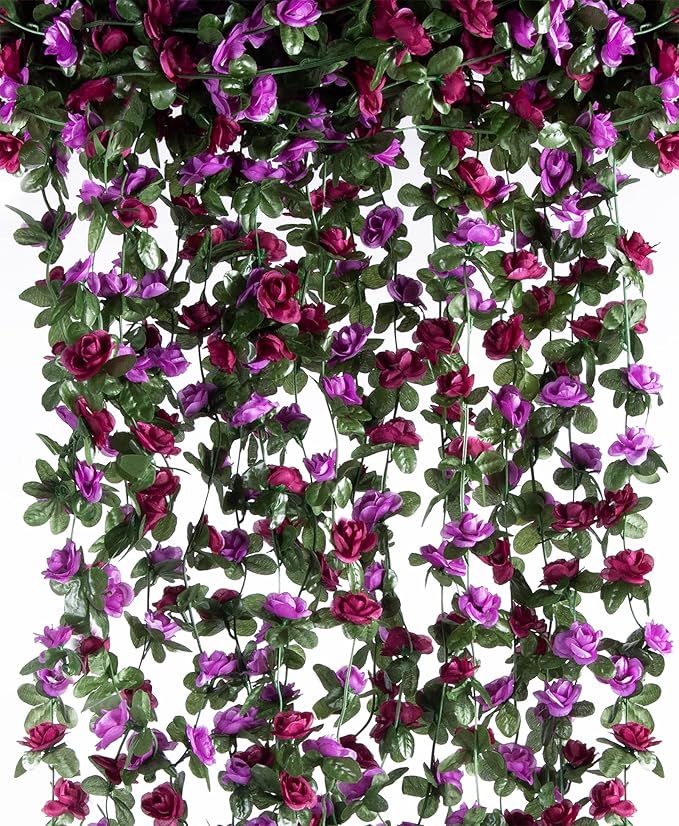 8 Pcs x 8.2 ft Flower Garland Artificial Rose Vine Flowers with Green Leaves Hanging Fake Roses Vine for Room Party Home Wedding Birthday Christmas Wall Arch Decor, Spring Purple Flower