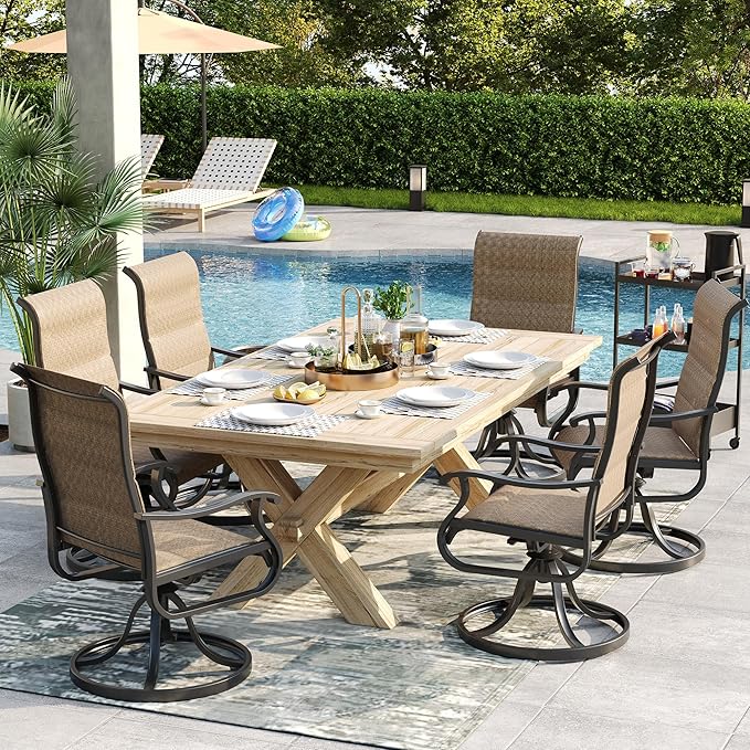 Patio Swivel Chairs Set of 2, Outdoor Dining Chairs with High Back, All-Weather Swivel Rocker Chair for Lawn, Porch or Garden (Padded Brown)