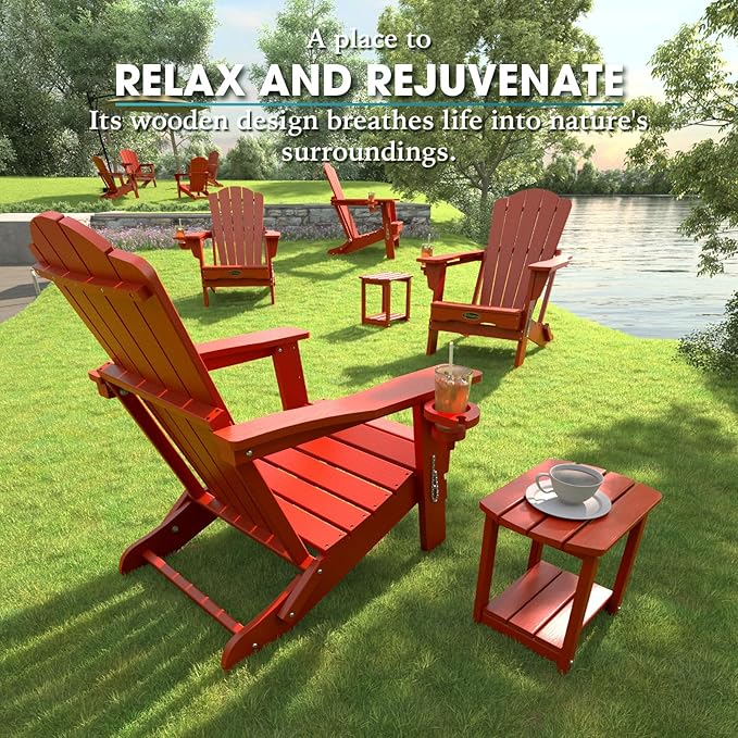 Folding Adirondack Chair,HDPE All-Weather Outdoor Chair with Cup Holder,Wooden Textured,Fire Pit Chair,Plastic Patio Chair for Deck,Backyard,Garden,Lawn(Red)