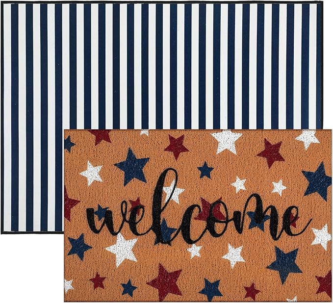 Tinideya 2 Pcs 4th of July Door Mat Patriotic Welcome Non Slip Coir Mats Red Blue White Independence Day Star Stripe Floor Layering Doormats Seasonal for Front Porch Entryway Decor(Patriotic)