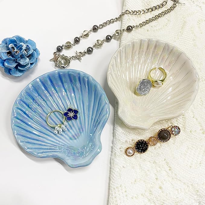 Shell Jewelry Dish Tray for Women, Ceramic Seashell Jewelry Ring Holder Dish, Jewelry Plate Trinket Dish for Necklace, Earring, Ring, Mother's Day Christmas Gift, 3.9", Sky Blue Iridescent Surface