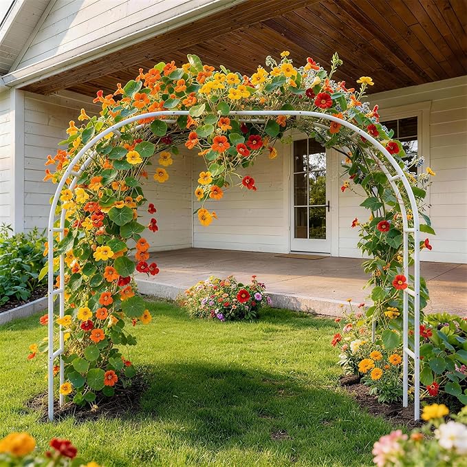 Thickened Rustproof Garden Arch Metal Trellis for Climbing Plants Outdoor, Wedding Arch Garden Arbor Frame Archway 4.9 x8.1 or 5.5 x7.9Ft Flower Arches for Bridal Party Decoration (White)
