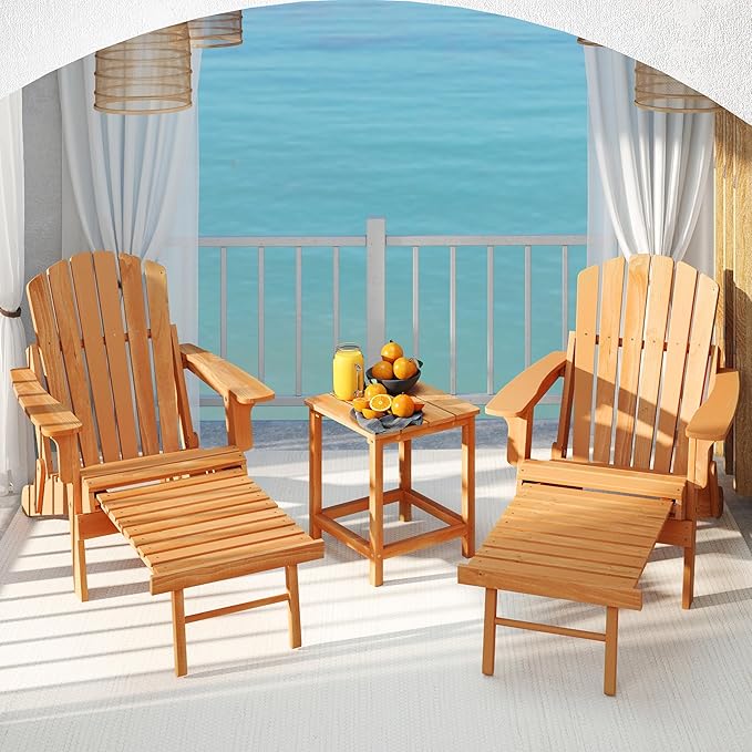 SoliWood Set of 2 Oversized Outdoor Wooden Folding Adirondack Chair with Retractable Ottoman, Wood Patio Chair with Footrest for Garden Backyard Porch Pool Deck Firepit