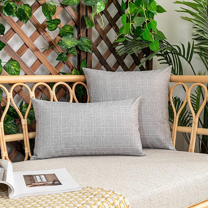 Kevin Textile Pack of 2 Outdoor Waterproof Throw Pillow Covers Decorative Square Outdoor Checkered Pillows Cushion Case Patio Pillows for Couch 12x20 inches 30x50 cm Grey