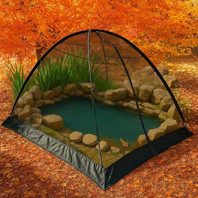 Pond Cover Dome Net 11x16 ft Netting Pond Covering Tent with Zipper Storage Straps, Fiberglass Poles, Ground Nails, Tie Ropes for Outdoor Garden Fish Pool Protection from Leaves Animals