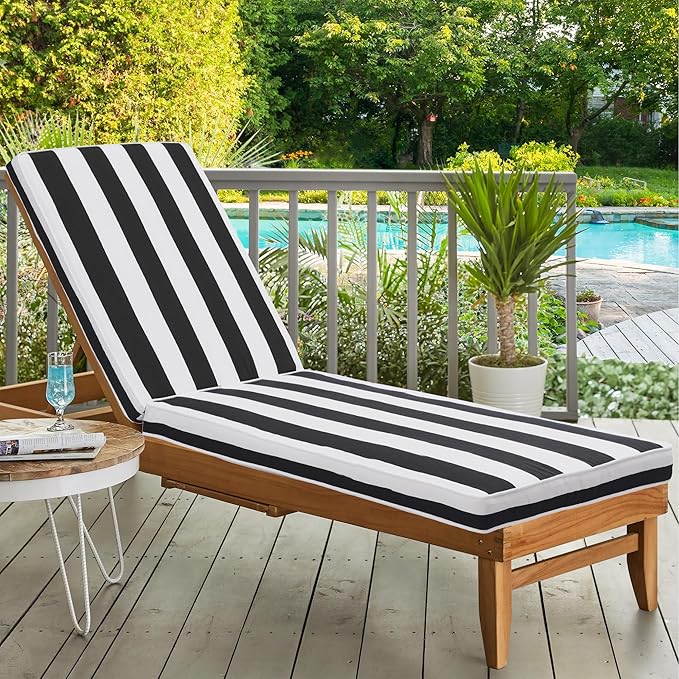 Outdoor Chaise Lounge Chair Cushions 2 Pack, Thick Waterproof Patio Pool Lounge Cushions, Fade Resistant, Yellow/White Striped(Black & White Stripe)