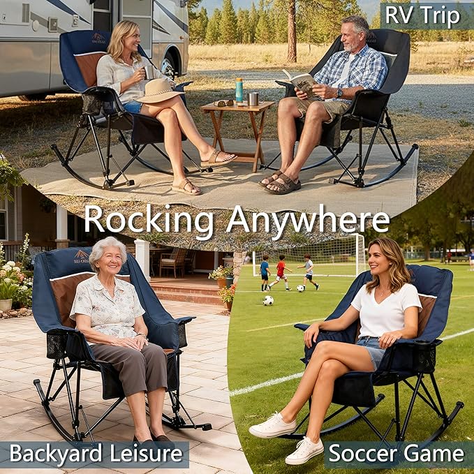 400lbs Rocking Camping Chair, Oversized Heavy Duty XL Folding Rocker for Adults, Padded High Back Big & Tall Support, with Cup Holders & Carry Bag for RV, Lawn, Patio & Sports