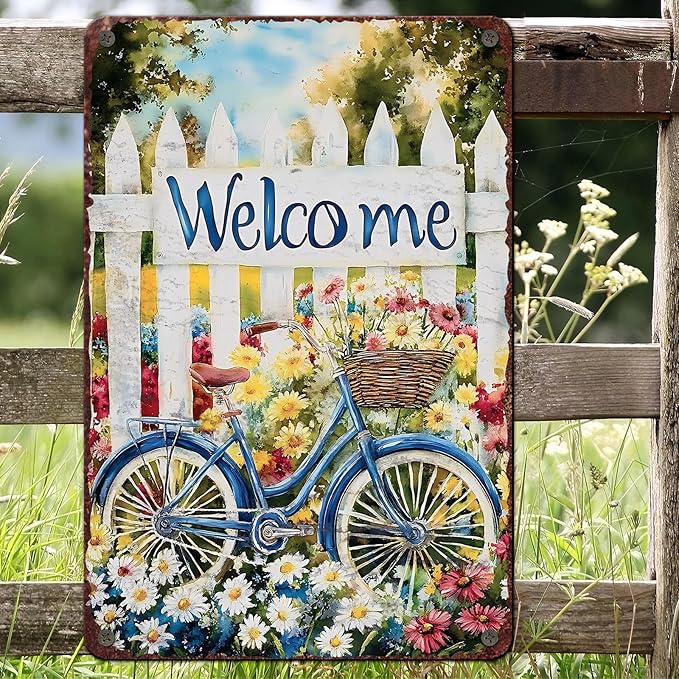 Spring Garden Vintage Tin Sign Bike Welcome Gardening Metal Sign for Home Garden Greenhouse Living Room Bedroom Outdoor Decor 12x16inch