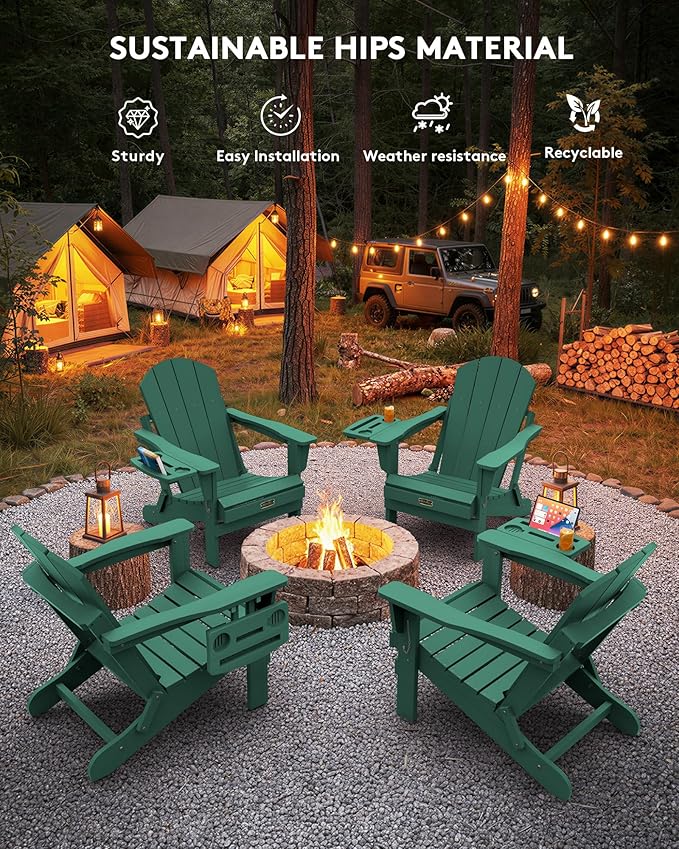 SERWALL Foldable Adirondack Chair Set of 2, Adirondack Chairs with 4 in 1 Cup Holder, Weather Resistant Plastic Chair for Patio Garden Outdoors Fire Pit Chairs - Avocadogreen
