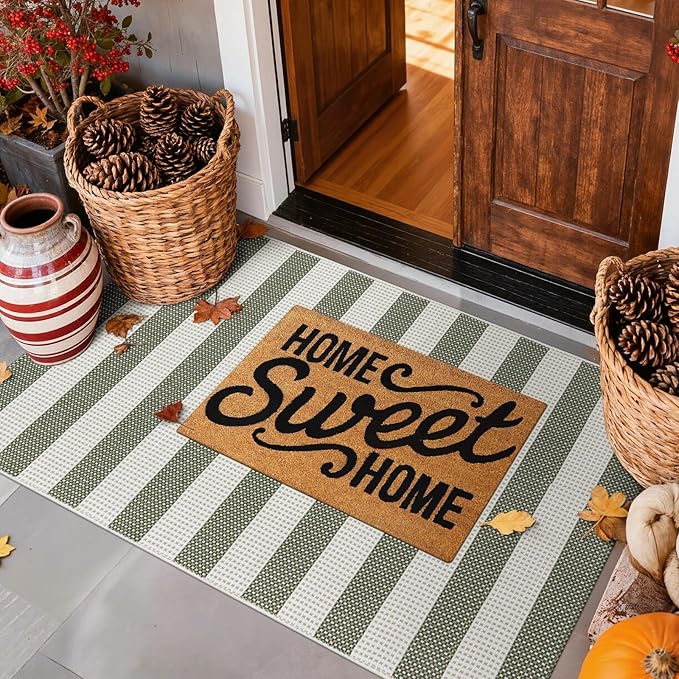 Striped Outdoor Rug 3x5, Boho Washable Front Porch Rug Cotton Hand Woven Outside Door Mats,Foldable Layered Doormat for Farmhouse/Entryway/Home Entrance(Green and White)