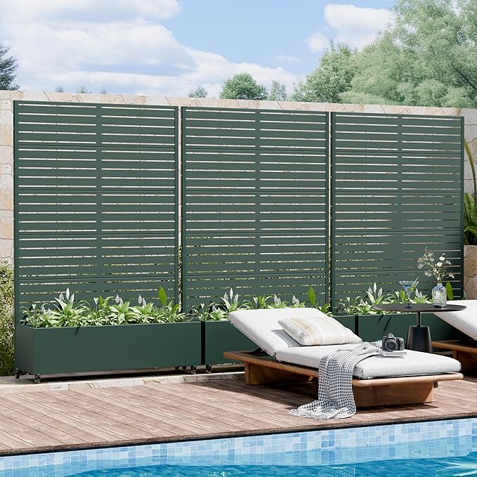 Casaphoria Metal Raised Garden Bed with Trellis and Wheels, 72"x47"x16" Planter Box for Climbing Plants, Vegetables & Vines, Features Drainage Holes and Privacy Screen, Drak Green-Louvered