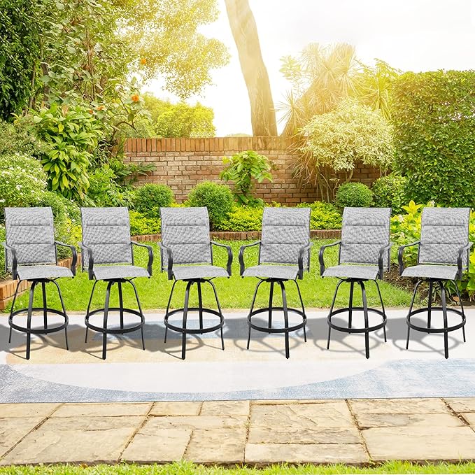 Vongrasig 6 Piece Outdoor Patio Swivel Bar Chairs, All Weather Padded Sling Textile High Top Bar Stools, Bistro Set for Backyard, Lawn Garden, Balcony, Padded Light Grey