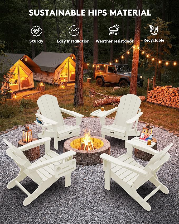 SERWALL Folding Adirondack Chair, Outdoor Adirondack Chairs with Multi-Functional Cup Holder, Wood-Like Patio Chairs, Lawn Chairs, All Weather Plastic Fire Pit Chair for Garden, Backyard, Deck - White