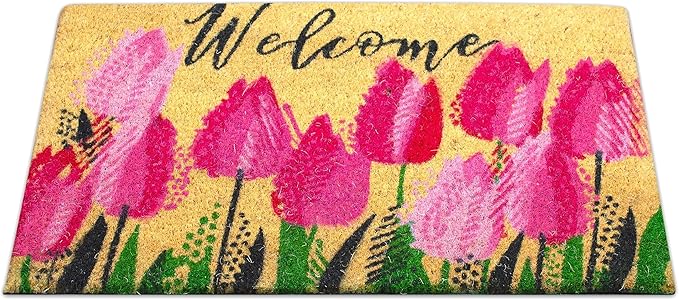 Coir Doormat, Front Door mats Outdoor, Funny Welcome mat Outdoor, Front Door mat for Home Entrance, Door mat Outside Entrance, Welcome mat Indoor 16"x27.5" (Tulips)