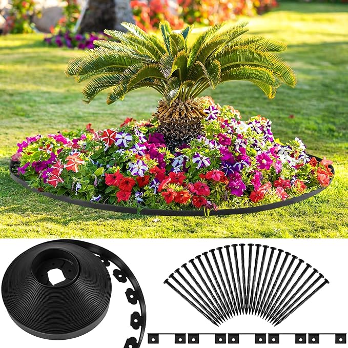 Sasylvia 1.7'' x 200' Landscape Edging Kit Edging Border Coil Include 120 Anchoring Spikes 10 Connectors Plastic Garden Border for Lawn Garden Grass Yard Home(Black)