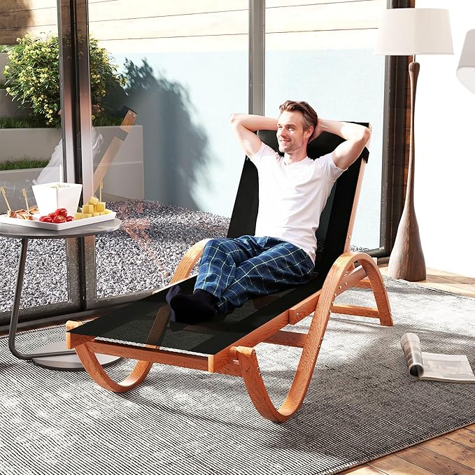 Outsunny Larch Wood Lounge Chair, 4-Level Adjustable Tanning Chair, Full Flat Patio Lounger with Mesh Seat, Outdoor Sun Chaise for Patio Beach, Black
