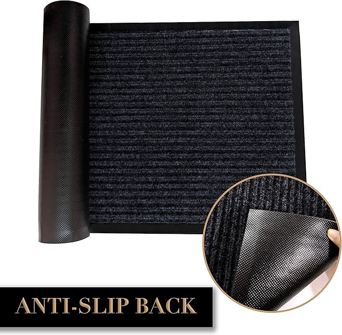 LuxUrux Striped Black Door Mat - Heavy Duty, Indoor/Outdoor, Easy Clean, Waterproof, Low-Profile (24'' x 16'') - Ideal for Entry, Patio, Garage - Durable Solution for High Traffic Entrance Ways