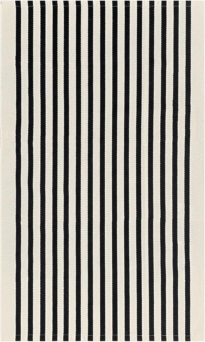 KOZYFLY 3'x5' Cotton Area Rug, Black and Beige Striped Outdoor Rug, Hand-Woven, Machine Washable, Perfect for Front Door, Kitchen, Living Room