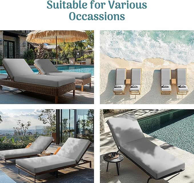 Codi Chaise Lounge Cushions Outdoor, Pool Lounges Chair Cushion Set, Waterproof for Patio Furniture, 80 x 26 x3.5 Inch 1PK Grey