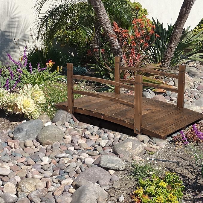 VINGLI 4 ft Garden Bridge, Arch Walkway Wooden Bridge with Safety Rails Carbonized Finished, Decorative Landscaping Footbridge for Koi Pond, Dry Creek Bed, Garden Pathway or Rustic Wedding Decor