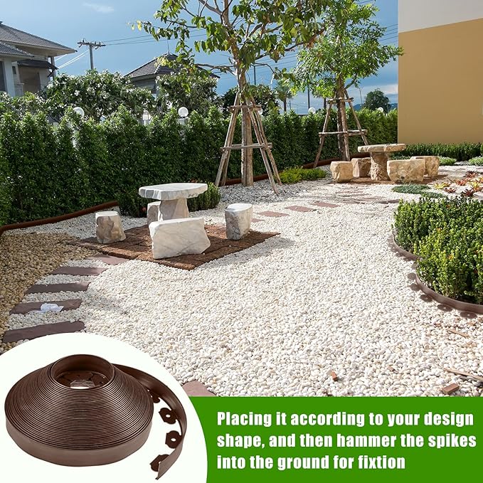 Sasylvia 1.5'' x 200' Landscape Edging Kit Edging Border Coil Include 120 Anchoring Spikes 10 Connectors Plastic Garden Border for Lawn Garden Grass Yard Home(Brown)