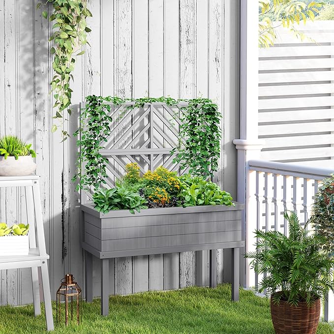 Outsunny Raised Garden Bed with Trellis for Climbing Plants, Vegetable, Grape Vines, Elevated Planter Box with Legs, Drainage Holes and Filter for Outdoor Garden, Patio, Gray