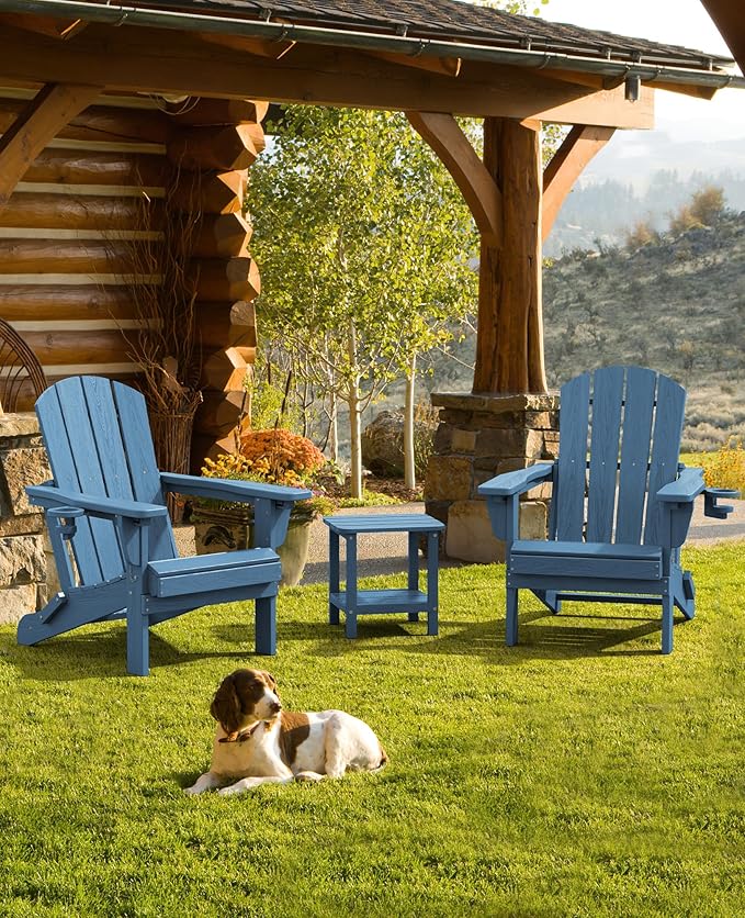 SERWALL Folding Adirondack Chair Set of 8, Adjustable Adirondack Chair with 3 Recline Positions, All Weather HDPE Outdoor Adirondack with Cup Holders, Blue