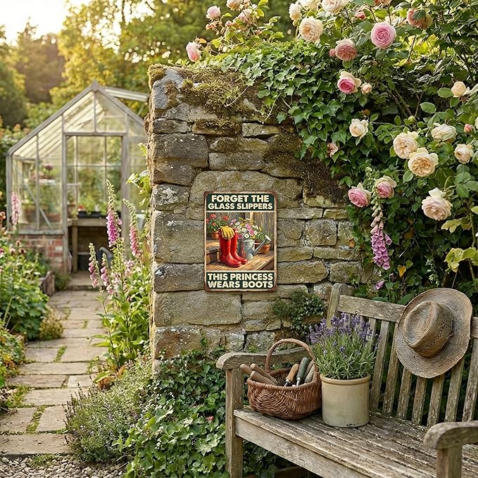 Country Girl Tin Sign - "This Princess Wears Boots" Inspirational Garden Decor - Metal Sign Vintage Red Rain Boots & Flowers Farmhouse Wall Art - 8x12 Aluminum Plaque for Shed, Porch, Yard