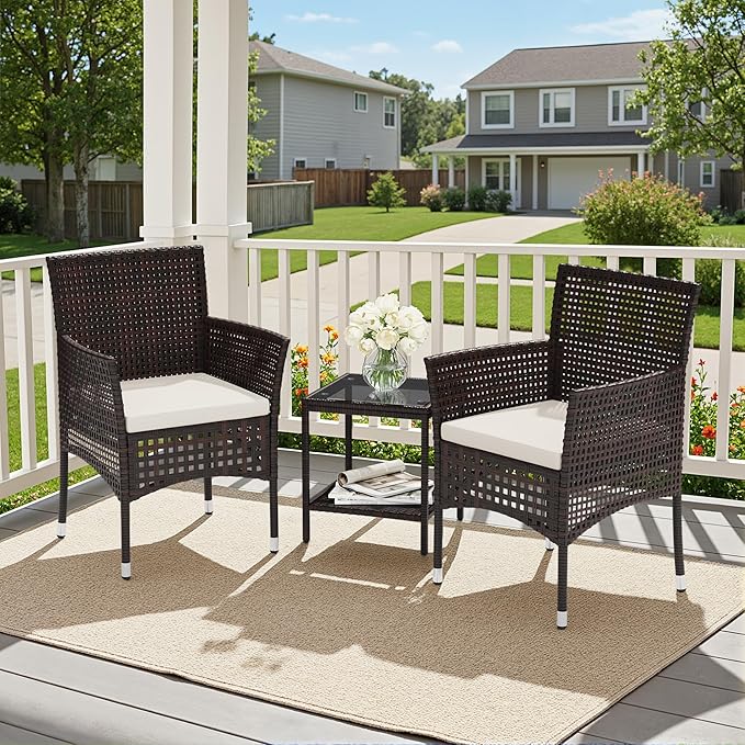 Devoko Outdoor 3 Piece Patio Furniture Set Wicker Chairs with Glass-top Coffee Table for Garden, Balcony, and Porch (Brown)
