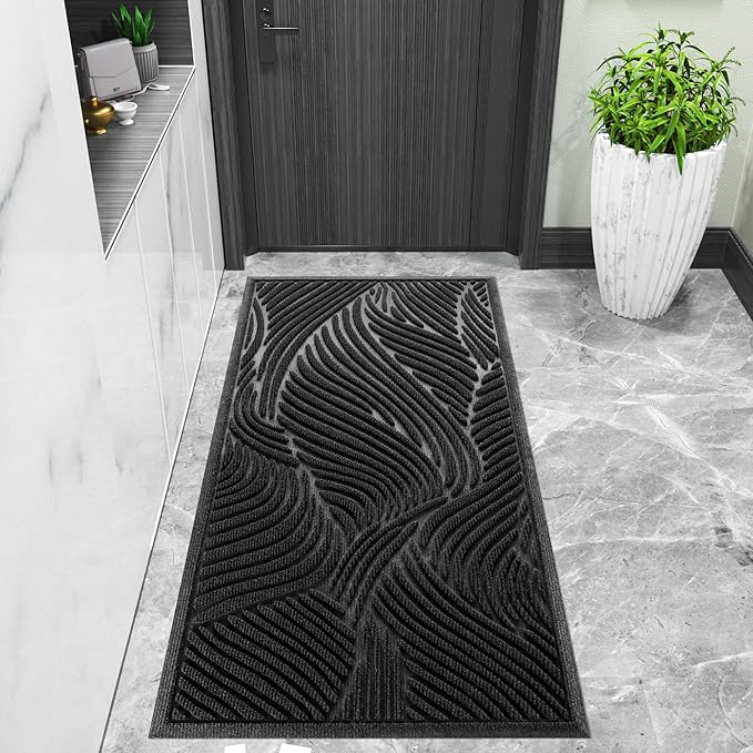 Yimobra Doormat Indoor Outdoor Entrance, Simple Stripes, All-Weather Waterproof & Non-Slip Mat for Front Door, Heavy Duty Polyester Welcome Mat for Garage, Patio-47x24,Black