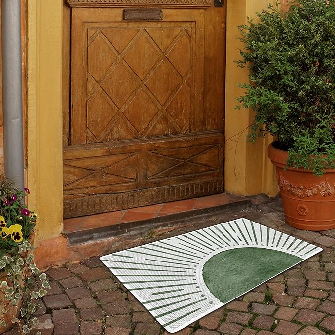 Nogrit Boho Green Sun Welcome Matt Doormat for Outdoor Entrance Front Door Mats Outdoor,Boho Door Mat Indoor Dusting Door Mats for Entryway, 17x30 inch