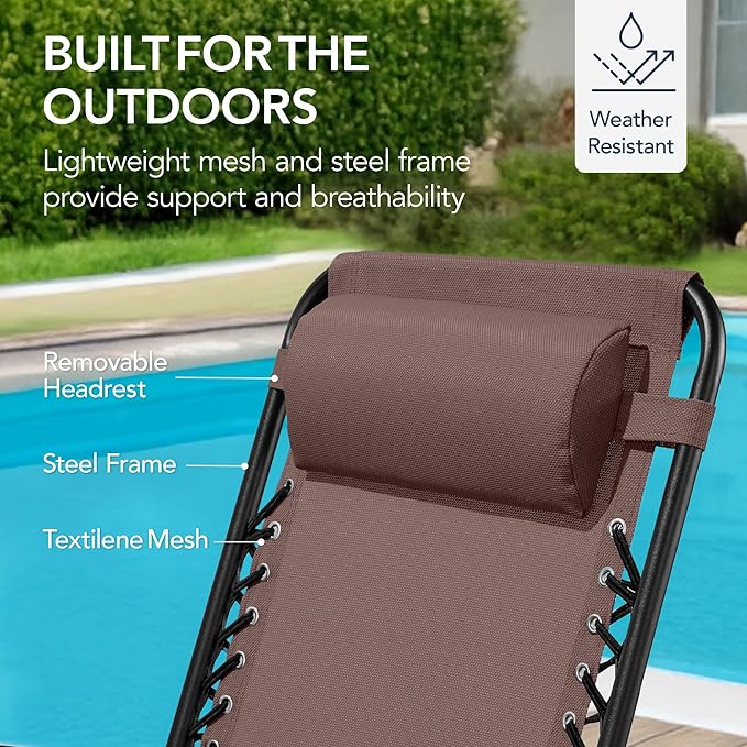 Best Choice Products Outdoor Folding Rocking Chair, Zero Gravity Lounge Chair, Patio Rocker w/Headrest Pillow - Brown