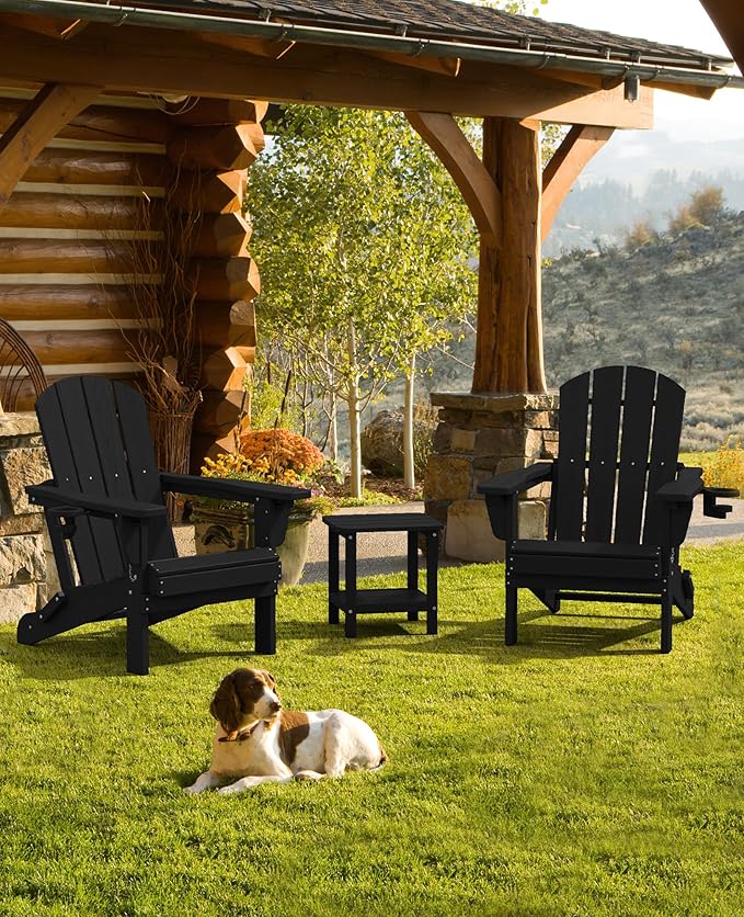 SERWALL Folding Adirondack Chair Set of 6, Adjustable Adirondack Chair with 3 Recline Positions, All Weather HDPE Outdoor Adirondack with Cup Holders, Black