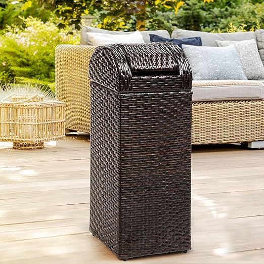 happimess HPM1201A Darla 14.27-Gallon All-Weather Wicker/Metal Swing Top Hideaway Outdoor Trash Can, Brown, Classic, Coastal, Casual Wastebin for Backyard, Patio, Porch, Kitchen