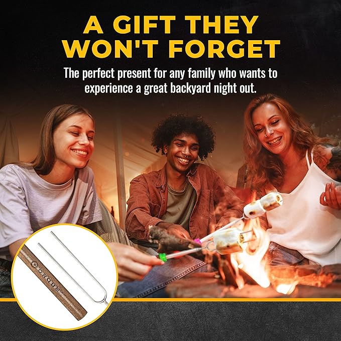 CORQUE Marshmallow Roasting Sticks, Smores Sticks, Extendable, Camping Skewer for Fire Pit, Wooden Handle, 32inch Metal for BBQ Hotdog, Cooking, Campfires, Bonfires, Set of 8