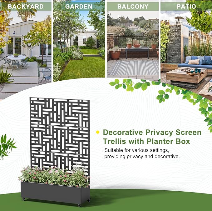 Casaphoria Metal Raised Garden Bed with Trellis and Wheels, 72"x47"x16" Planter Box for Climbing Plants, Vegetables & Vines, Features Drainage Holes and Privacy Screen (Black-Helen)