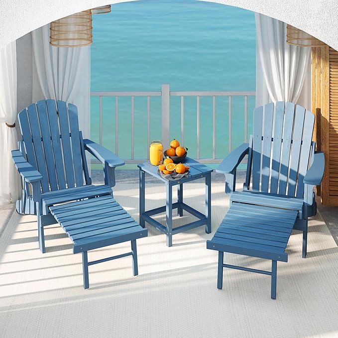 SoliWood Set of 2 Oversized Outdoor Wooden Folding Adirondack Chair with Retractable Ottoman, Wood Patio Chair with Footrest for Garden Backyard Porch Pool Deck Firepit