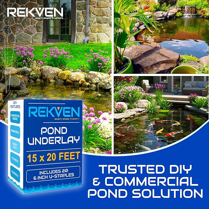 Pond Liner Underlayment - 15 x 20 Feet - Non Woven Geotextile Landscaping Fabric with 20 U-Pin Garden Staples - Perfect for Fish Koi and Preformed Ponds Fountains Waterfalls