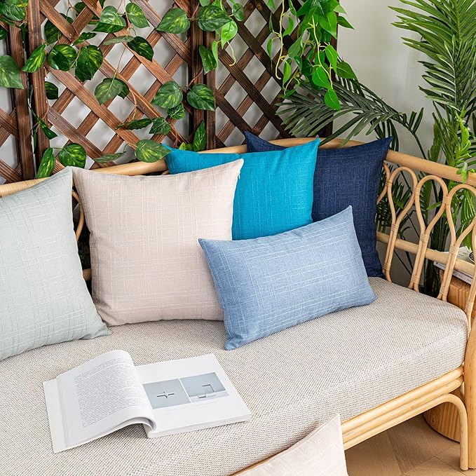 Kevin Textile Pack of 2 Decorative Outdoor Waterproof Checkered Pillow Covers Square Garden Cushion Sham Throw Pillowcase Shell for Patio Tent Couch 24x24 Inch Light Beige