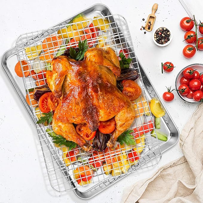 TeamFar Cooling Racks, 2 Pack Stainless Steel Grid Wire Rack for Baking Roasting Grilling Drying, 15.3’’ x 11.2’’, Metal Mesh Oven Rack for Chicken Bacon Cookies, Non-Toxic & Dishwasher Safe