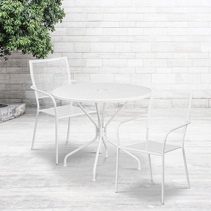 Flash Furniture Commercial Grade 35.25" Round White Indoor-Outdoor Steel Patio Table Set with 2 Square Back Chairs