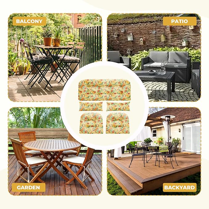 Wicker Chair Cushions of 5 Pieces, Waterproof Outdoor Loveseat Cushion for Wicker Furniture, 1 Love Seat Cushion, 2 U-Shape and 2 Lumbar Pillows for Patio Furniture (Yellow Chrysanthemum)