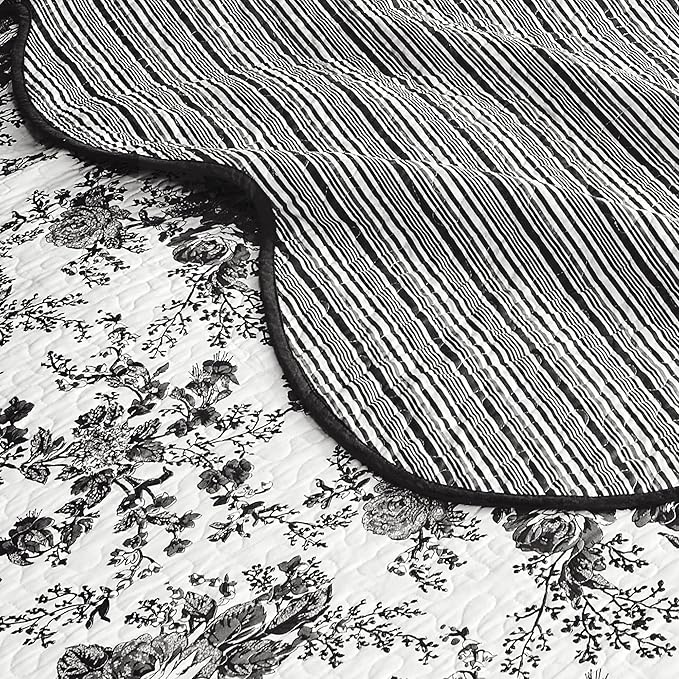 Wonderful 100% Cotton Black Floral Quilt Set Twin Size Bedding Sets with Pillow Sham and Bed Skirt, 3 Pieces Floral Bedspread Coverlet Set, Quilted Blanket Bed Cover for All Season, 66"x86"