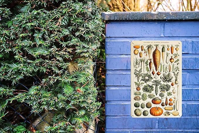 Vintage French Vegetables and Herb Garden Plants Metal Tin Yard Sign - Outdoor Plant Art Decor for Backyards, Greenhouse, Outside Patio Porch - Unique Wall Art Hanging Decor 8"x12" Gardening Gift for Women Plant Lovers