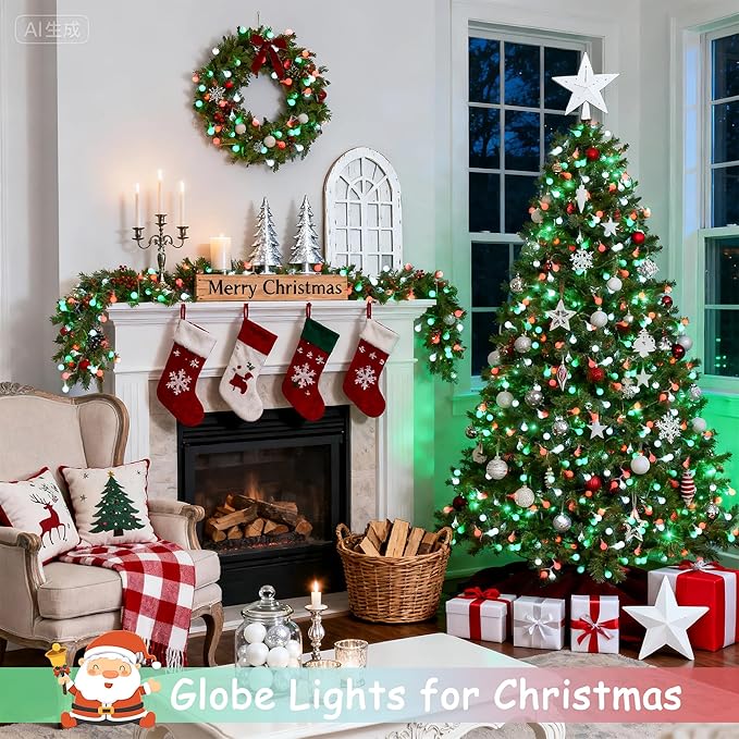 JMEXSUSS Globe String Lights, Red White and Green Christmas Lights,100 LED Plug