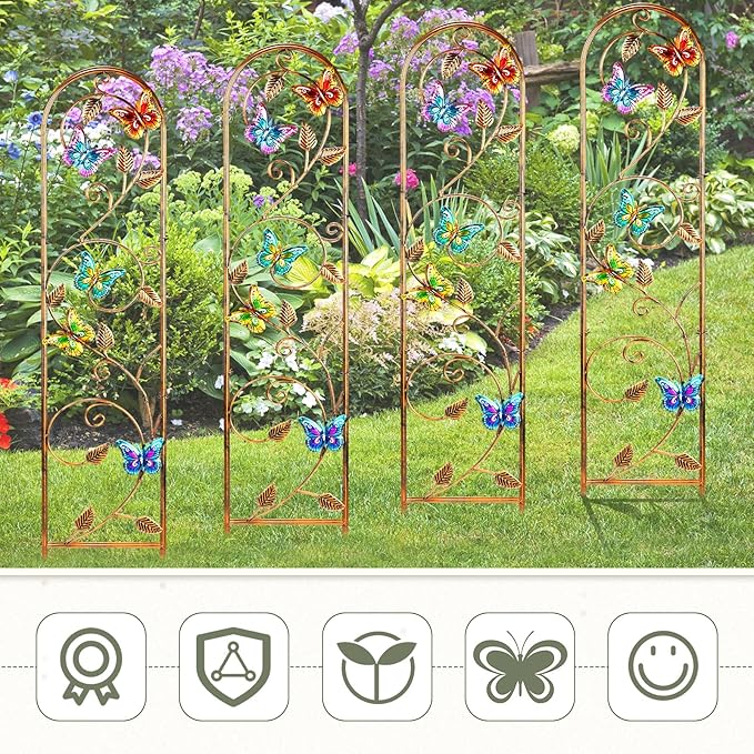 Blulu 4 Pack Metal Garden Trellis for Climbing Plants, 60x11 Detachable Rustproof Arched Fence Flower Vegetable Plant Stand for Outdoor Patio Yard Lawn Decorative(Butterfly)