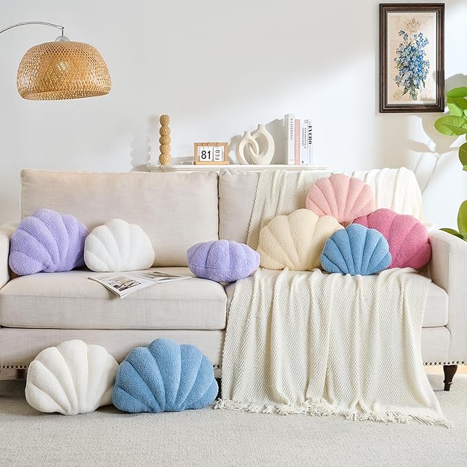 Shell Pillow Seashell Decorative Pillow Blue Beachy Coastal Shell Shaped Throw Pillows 13x10 Inch Soft Ocean Beach Sea Shell Plush Pillows Cushion for Bed Couch Living Sofa Room Decor