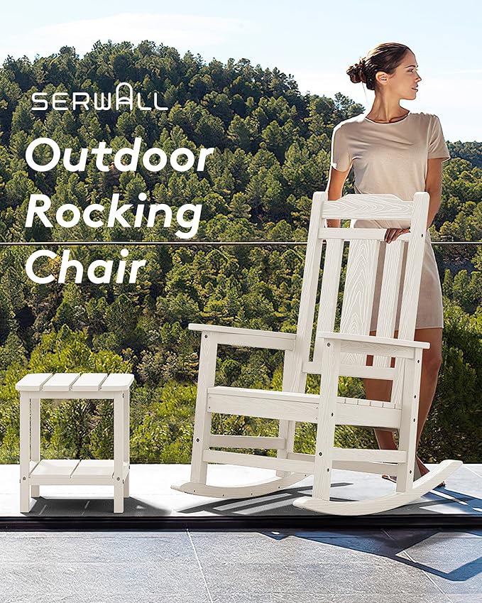 SERWALL Outdoor Rocking Chair White Set of 8, All Weather Patio Rocking Chair, HDPE Poly Rocking Chair for Adults, Heavy Duty Front Porch Rocker